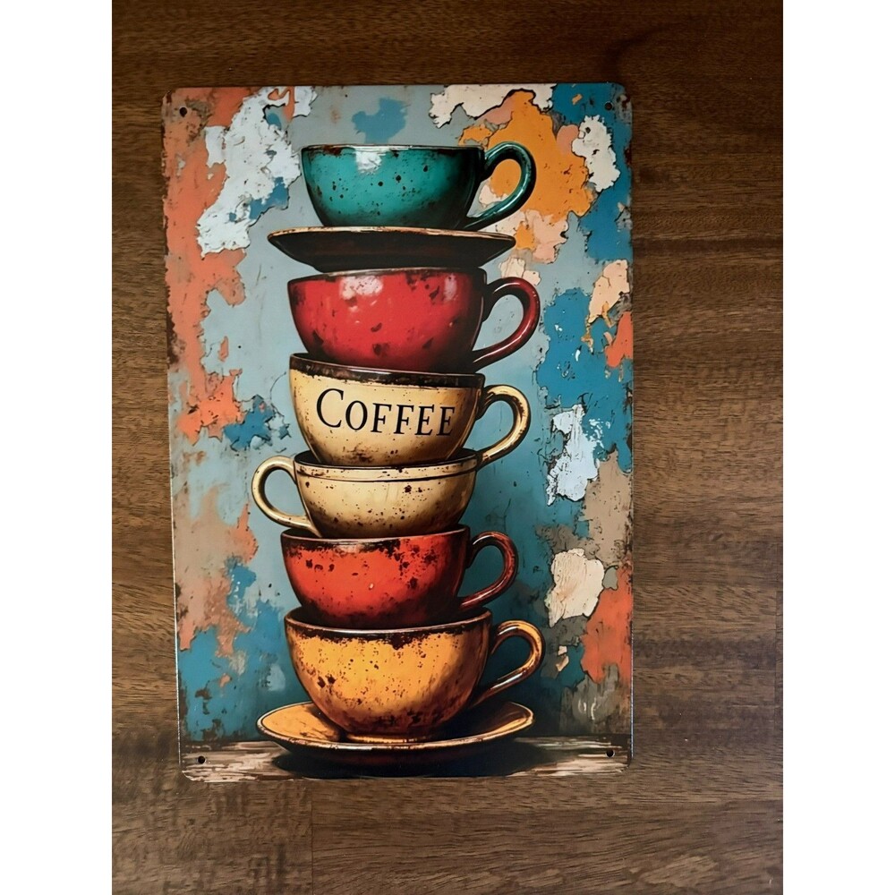 Stacked Colorful Coffee Cups Rustic Vintage Style Metal Tin Sign - 12x8